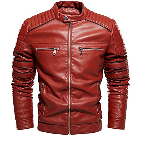 DHDHWL Lederjacke Herren Männer Pelz gesäumt Lederjacke Motorradjacke Männer Mode Streetwear Biker Mantel Slim Fit Mantel Männer Jacke (Color : Rot, Size : S) von DHDHWL