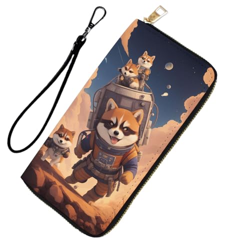 DHEEBFWE RFID-blockierende Geldbörse für Damen und Teenager-Mädchen, Leder-Handy-Clutch mit abnehmbarem Riemen, großes Fassungsvermögen, Kreditkartenhalter, ideale Reise-Geldbörse für Damen, Shiba Inu von DHEEBFWE