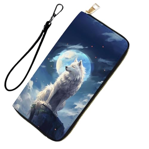 DHEEBFWE RFID-blockierende Geldbörse für Damen und Teenager-Mädchen, Leder-Handy-Clutch mit abnehmbarem Riemen, großes Fassungsvermögen, Kreditkartenhalter, ideale Reise-Geldbörse für Damen, Wolf Full von DHEEBFWE