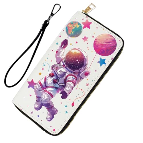 DHEEBFWE RFID-blockierende Geldbörse für Damen und Teenager-Mädchen, Leder-Handy-Clutch mit abnehmbarem Riemen, großes Fassungsvermögen, Kreditkartenhalter, ideale Reise-Geldbörse für Damen, Astronaut von DHEEBFWE
