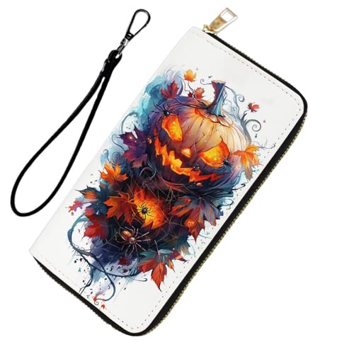 DHEEBFWE RFID-blockierende Geldbörse für Damen und Teenager-Mädchen, Leder-Handy-Clutch mit abnehmbarem Riemen, großes Fassungsvermögen, Kreditkartenhalter, ideale Reise-Geldbörse für Damen, Halloween von DHEEBFWE