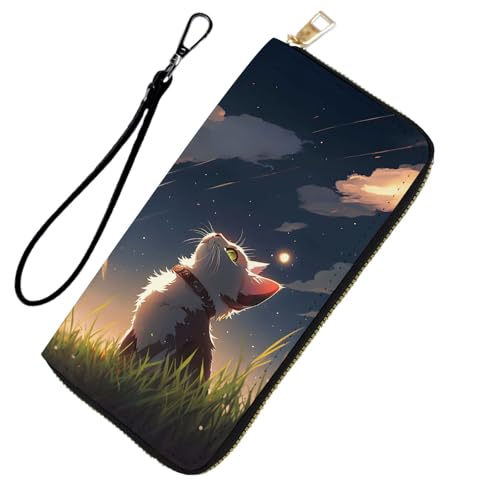 DHEEBFWE RFID-blockierende Geldbörse für Damen und Teenager-Mädchen, Leder-Handy-Clutch mit abnehmbarem Riemen, großes Fassungsvermögen, Kreditkartenhalter, ideale Reise-Geldbörse für Damen, Katze von DHEEBFWE