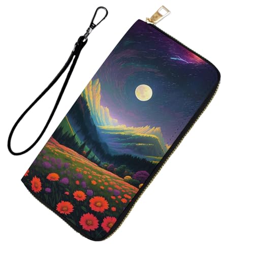 DHEEBFWE RFID-blockierende Geldbörse für Damen und Teenager-Mädchen, Leder-Handy-Clutch mit abnehmbarem Riemen, großes Fassungsvermögen, Kreditkartenhalter, ideale Reise-Geldbörse für Damen, Moon von DHEEBFWE
