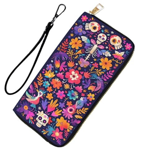 DHEEBFWE RFID-blockierende Geldbörse für Damen und Teenager-Mädchen, Leder-Handy-Clutch mit abnehmbarem Riemen, großes Fassungsvermögen, Kreditkartenhalter, ideale Reise-Geldbörse für Damen, Knochen von DHEEBFWE