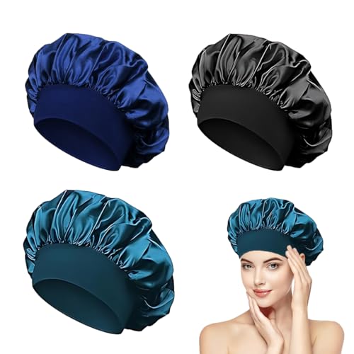 DHJWDUX 3 Stück Schlafen Bonnet Schlafhaube Seide Seidenhaube Zum Weiche Und Bequeme Satin-Schlafmütze Seide Mit Gummizug Für Damen Und Mädchen Navy Loch Blau. Schwarz von DHJWDUX