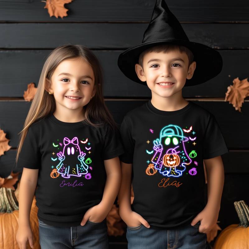 Halloween Kinder T-Shirt Mit Name Und Neonfarbenem Geist. Individuelles Neon Geist Für Kinder. Geschenk von DHPrintly