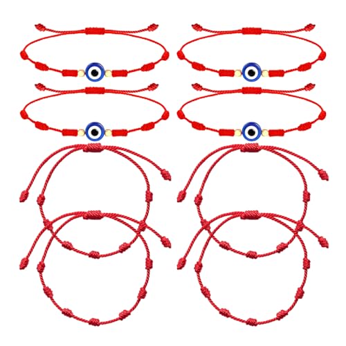 DHSBGWSX 4 Stück Seilarmbänder Mit Sieben Knoten, 4 Stück Armbänder Mit Sieben Knoten Und Blauem Auge, Rote Geflochtene Armbänder, Freundschaftsarmbänder, Verstellbare Armbänder, Glücksarmbänder von DHSBGWSX