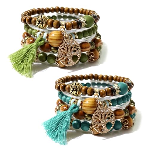 DHSBGWSX 8 Stück Perlenarmband, Holzperlenarmband, Armband Im Böhmischen Ethno-Stil, Armband Mit Quastenanhänger, Schmuckgeschenk, Elastisches Holzperlenarmband von DHSBGWSX