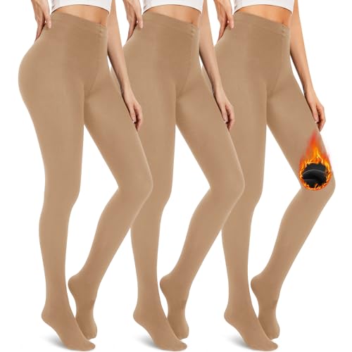 DHSO 3er-Pack Fleece-gefütterte Strumpfhosen für Damen, Premium-Thermostrumpfhose, Winter, warm, schwarz, hohe Taille, Nude, Nude, Nude (3er-Pack), Medium von DHSO