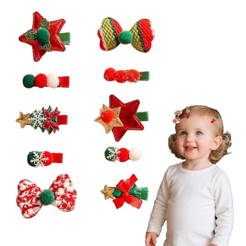 DHWEKU 10er-Set Weihnachten Haarschmuck für Kinder, Haarspangen Mädchen mit Glitzer (Schleifen + Sterne), Festliche Haarclips für Adventskalender, Weihnachtsfeier & Fotoshooting von DHWEKU