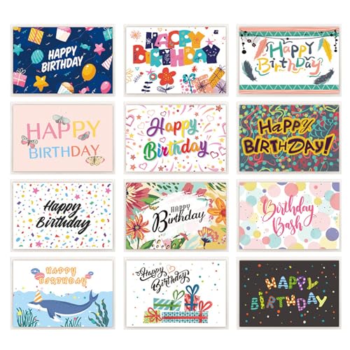 DHWEKU 12 Geburtstagskarten | Glückwunschkarten zum Geburtstag | Set 12 Klappkarten Happy Birthday inklusive Naturkuvert | Karten Geburtstag | DHWEKU Aquarell-Geburtstagskarten von DHWEKU