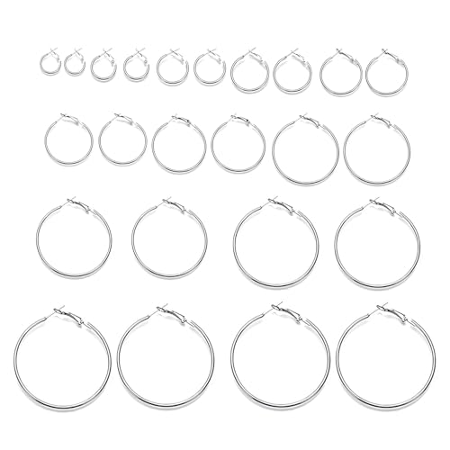 DHWEKU 12 Paar Runde Ohrringe Set,Damen Silber ohrschmuck Edelstahlohrringe hypoallergene Ohrringe,12 Größen creolen Silber Set, geeignet für Damen und Mädchen von DHWEKU