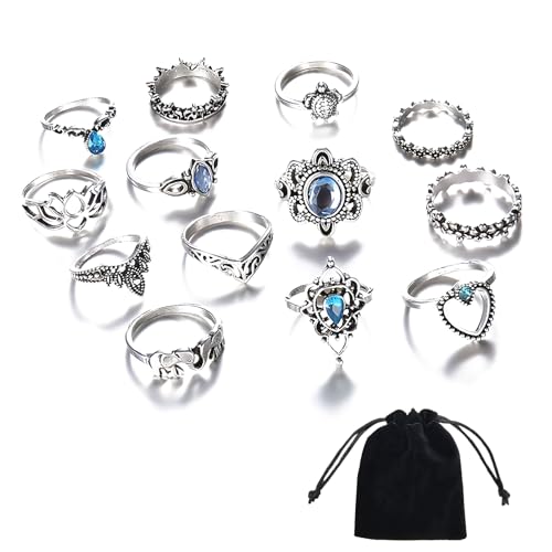 DHWEKU 13 Stück Kristall Boho Ring Silber Ringe Set Finger Ringe Mode Krone Knöchel Ring für Frauen und Mädchen von DHWEKU