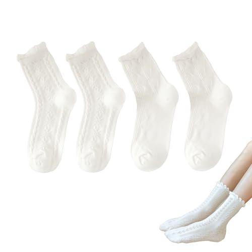 DHWEKU 2 Paar Weiße Rüschen Socken - Baumwoll Spitzen Söckchen Mit Hohl Muster - Prinzessin Kleidsocken für Frauen Mädchen von DHWEKU