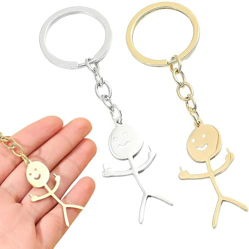 DHWEKU 2 Pcs Lustige Smiley kleiner Mann Gebärdensprache Schlüsselanhänger, Mittelfinger geschenk Auto Schlüssel Anhänger(1 Gold und 1 Silber) von DHWEKU