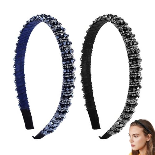 DHWEKU 2 Stück haarreifen damen trachten haarreif dirndl haarreif blau glitzer haarreif für Damen mit Kristallperlen Stirnband Haarschmuck Haarreifen Dunkelblau Schwarz von DHWEKU
