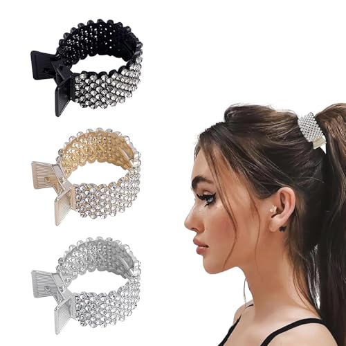 DHWEKU 3 Stück Haarspangen Damen Haarklammer Metall, Strass Haarspangen Halter Hoher Pferdeschwanz Rutschfest Modische für Dickes Dünn Haar (Gold, Silber, Schwarz) von DHWEKU
