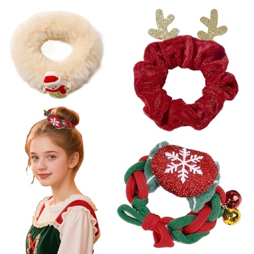 DHWEKU 3er Set Weihnachts-Haargummis für Mädchen, Festlicher Haarschmuck mit Rentier & Schneemann-Motiv, Samt Scrunchies mit haarschonendem Gummiband für Adventszeit & Weihnachtsfeier von DHWEKU