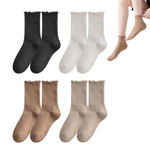 DHWEKU 4 Paar rüschen socken mit rüschen Söckchen Spitzen Rüschensocken Einfarbige Socken Sneakersocken Stricksocken Bequeme Atmungsaktive Socken Rüschen Knöcheltrainer Liner Socken für Frauen Mädchen von DHWEKU