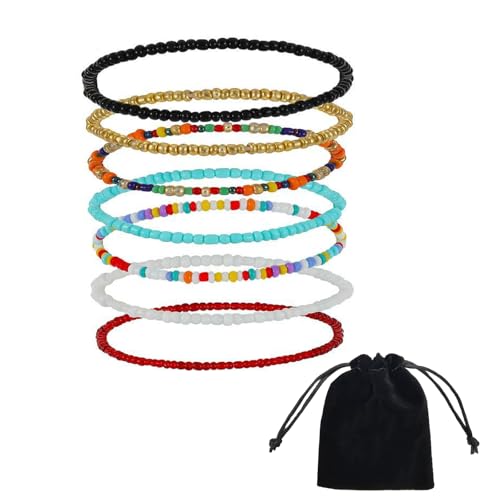 DHWEKU 7 Stück Damen Fußkettchen, Handgemachte Bunte Perlen Fusskette Boho Verstellbares Geschichtetes Wasserfestes Elastische Fußschmuck Set für Frauen Mädchen von DHWEKU