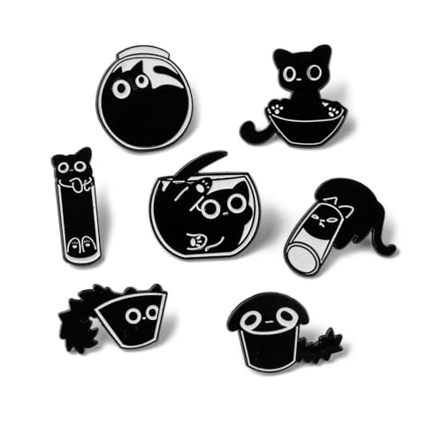 DHWEKU 7 Stück Schwarze Katzen-Emaille-Anstecknadeln für Frauen und Mädchen, niedliche Tier-Emaille-Brosche für Jacken, verspielte Katzen-Emaille-Brosche, Abzeichen von DHWEKU