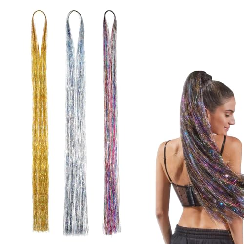 DHWEKU Haar Tinsel Stränge 3 Farben Haar Tinsel Extensions,Haar Lametta Stränge Kit Hair Tinsel Haar Lametta Stränge Haarsträhnen,120cm Stränge Gerade Lange Haarteil Zubehör für Mädchen Frauen von DHWEKU