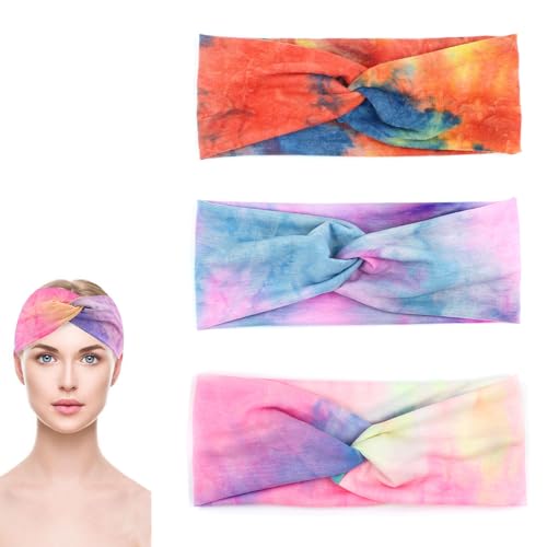 DHWEKU Haarbänder Damen Breite Elastische Weiche 3 Pcs Sommer Boho Stirnband Print Haarschmuck Yoga Sport Haarband Mehrfarbig Dünn Stirnbänder (Tie Dye) von DHWEKU