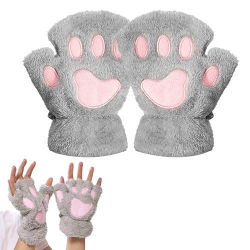 DHWEKU Halbhandschuhe Fingerlos Handschuhe Damen Mädchen Plüsch Halb Handschuhe dicken warmen Fingerhandschue Cartoon Tier Bär Katze Krallen Winterhandschuhe von DHWEKU