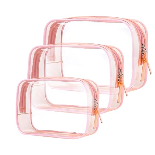 DHWEKU Kulturtasche Transparent,3 Stück Kosmetiktasche Durchsichtig, wasserdichte PVC-Reise-Waschtaschen, TSA-zugelassene Make-up-Taschen, für Familie, Männer un Frauen,rosa von DHWEKU