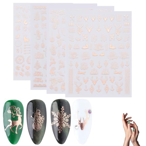 DHWEKU Nagelsticker Weihnachten,4 Blatt Nail Art Sticker Nagelaufkleber Selbstklebend Roségold Schneeflocke Urlaub Christmas Dekoration Nageldesign Zubehör von DHWEKU