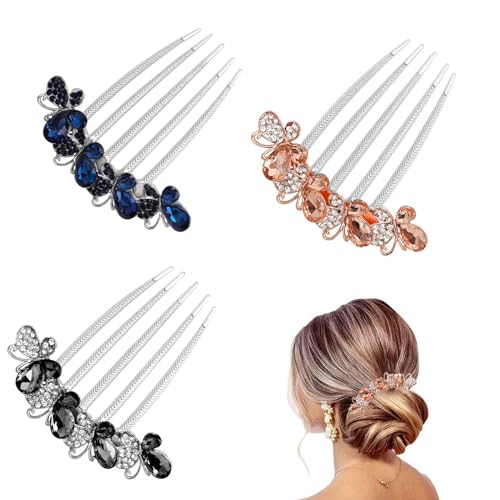 DHWEKU Strass Haarkamm Haarschmuck Kamm 3 Stück Schmetterlinge und Blumen Haar Steckkamm mit Strass,3 Farben Braut Haarschmuck Haare Seitenkamm für Frauen und Mädchen von DHWEKU