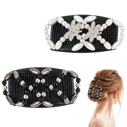 DHWEKU haarkamm elastisch perlen,haarspange dehnbar,6 Stücke Perlen Haarkämme Magie Elastische, Kamm Doppel Clips für Damen Mädchen Haarschmuck(2 Stück) von DHWEKU