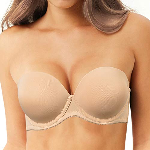 Damen Dick Gepolstert Trägerloser Push Up BH Lift und Support Convertible BHs mit transparenten Trägern, beige, 95A von DHX