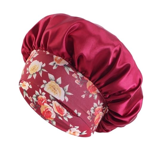 Seiden-Schlafhaube Damen-Haarmütze mit Blumendruck und breitem Rand, elastischer Seide, glattem Satin-Gesicht for den täglichen Schlaf zu Hause(Dark red) von DHYUACN