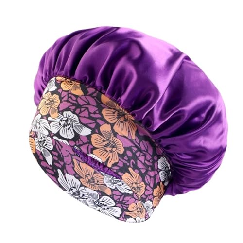 Seiden-Schlafhaube Damen-Haarmütze mit Blumendruck und breitem Rand, elastischer Seide, glattem Satin-Gesicht for den täglichen Schlaf zu Hause(Purple) von DHYUACN