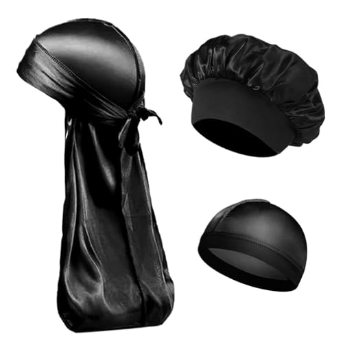 Seiden-Schlafhaube Damen Herren Seidensatin-Kappen 3er-Set Motorhaube Seidige Bandanas for Männer Turbanmütze Long Tail Schlafmütze(BLACK SET) von DHYUACN