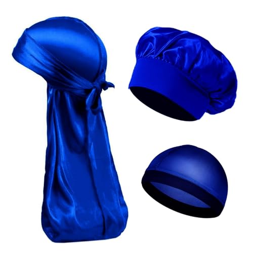 Seiden-Schlafhaube Damen Herren Seidensatin-Kappen 3er-Set Motorhaube Seidige Bandanas for Männer Turbanmütze Long Tail Schlafmütze(BLUE SET) von DHYUACN