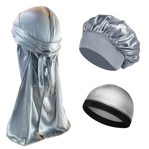 Seiden-Schlafhaube Damen Herren Seidensatin-Kappen 3er-Set Motorhaube Seidige Bandanas for Männer Turbanmütze Long Tail Schlafmütze(GRAY SET) von DHYUACN