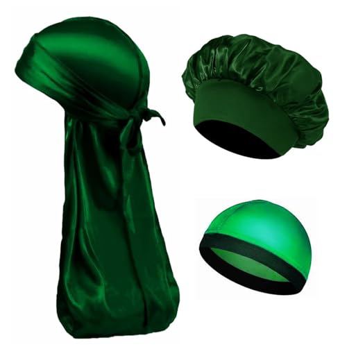 Seiden-Schlafhaube Damen Herren Seidensatin-Kappen 3er-Set Motorhaube Seidige Bandanas for Männer Turbanmütze Long Tail Schlafmütze(GREEN SET) von DHYUACN