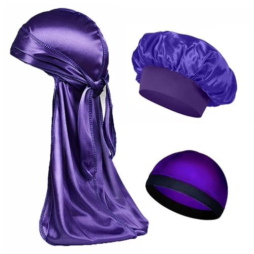 Seiden-Schlafhaube Damen Herren Seidensatin-Kappen 3er-Set Motorhaube Seidige Bandanas for Männer Turbanmütze Long Tail Schlafmütze(PURPLE SET) von DHYUACN