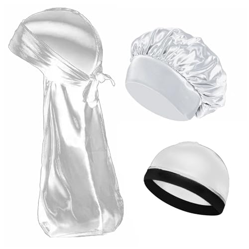 Seiden-Schlafhaube Damen Herren Seidensatin-Kappen 3er-Set Motorhaube Seidige Bandanas for Männer Turbanmütze Long Tail Schlafmütze(WHITE SET) von DHYUACN