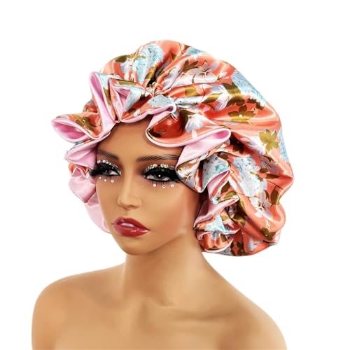 Seiden-Schlafhaube Damen Satin Bonnet Cap Doppellagige Seidige Große for Lady Printing Schlafmütze Kopfwickel(Color7) von DHYUACN