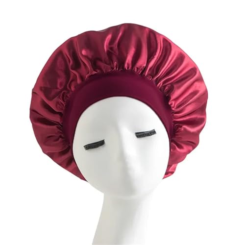 Seiden-Schlafhaube Damen Satin Solid Bonnets Breitkrempiger Nachtschlaf-Badehut Unisex Kopfwickel Elastisches Band Haarpflege-Haube(Dark red) von DHYUACN