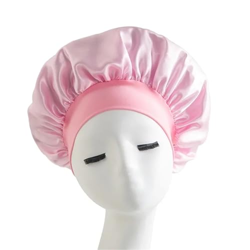 Seiden-Schlafhaube Damen Satin Solid Bonnets Breitkrempiger Nachtschlaf-Badehut Unisex Kopfwickel Elastisches Band Haarpflege-Haube(Pink) von DHYUACN