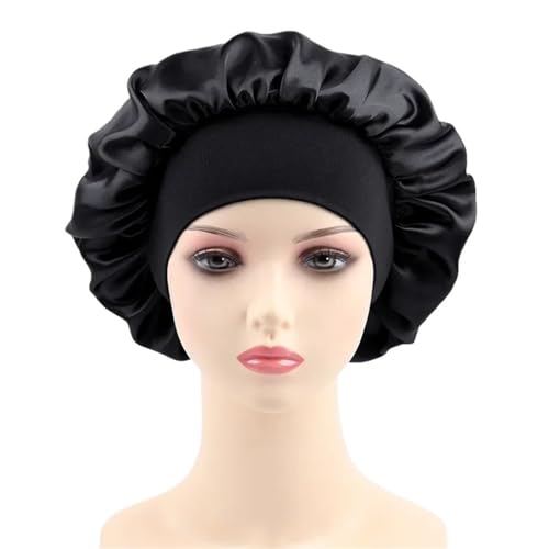Seiden-Schlafhaube Damen Satin Solid Elastic Wide-krempe Schlafmütze Unisex Head Wrap Band Haarpflege Motorhaube(Black) von DHYUACN