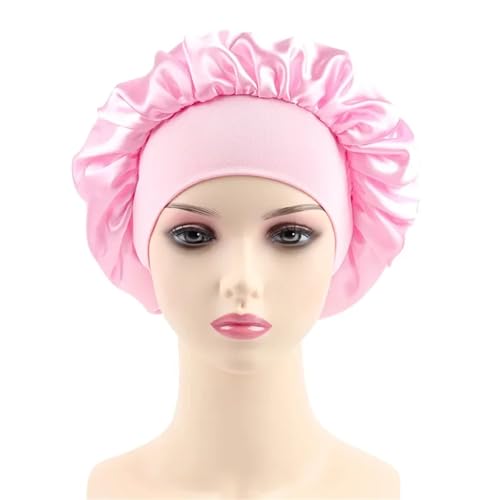 Seiden-Schlafhaube Damen Satin Solid Elastic Wide-krempe Schlafmütze Unisex Head Wrap Band Haarpflege Motorhaube(Pink) von DHYUACN