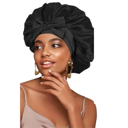Seiden-Schlafhaube Damen Satin Solid Schlafmütze Nachtschlafmütze for Frauen Duschhauben Solide verstellbare Kappe(Black1) von DHYUACN