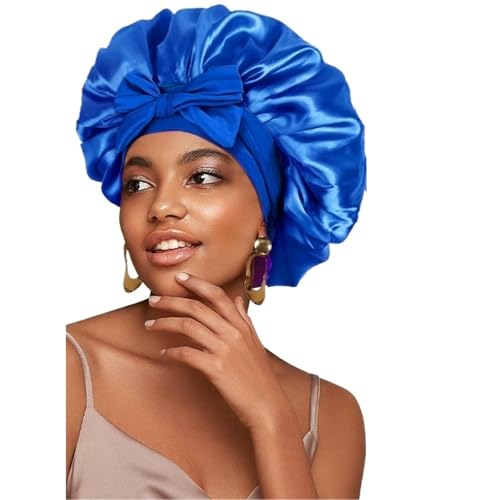 Seiden-Schlafhaube Damen Satin Solid Schlafmütze Nachtschlafmütze for Frauen Duschhauben Solide verstellbare Kappe(Dark blue1) von DHYUACN