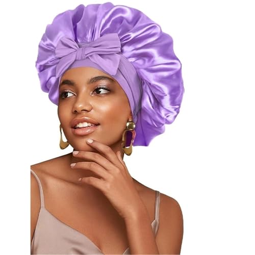 Seiden-Schlafhaube Damen Satin Solid Schlafmütze Nachtschlafmütze for Frauen Duschhauben Solide verstellbare Kappe(Purple1) von DHYUACN