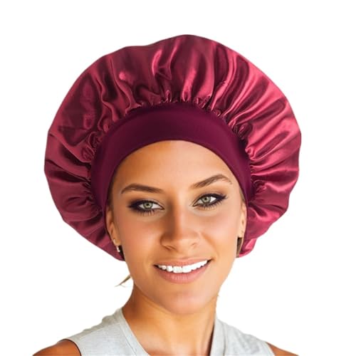 Seiden-Schlafhaube Damen Satin Solide Breitkrempige Schlafmütze Kopfwickel Elastische Bandkappe Haarpflege Motorhaube Nachtmütze(Dark red) von DHYUACN